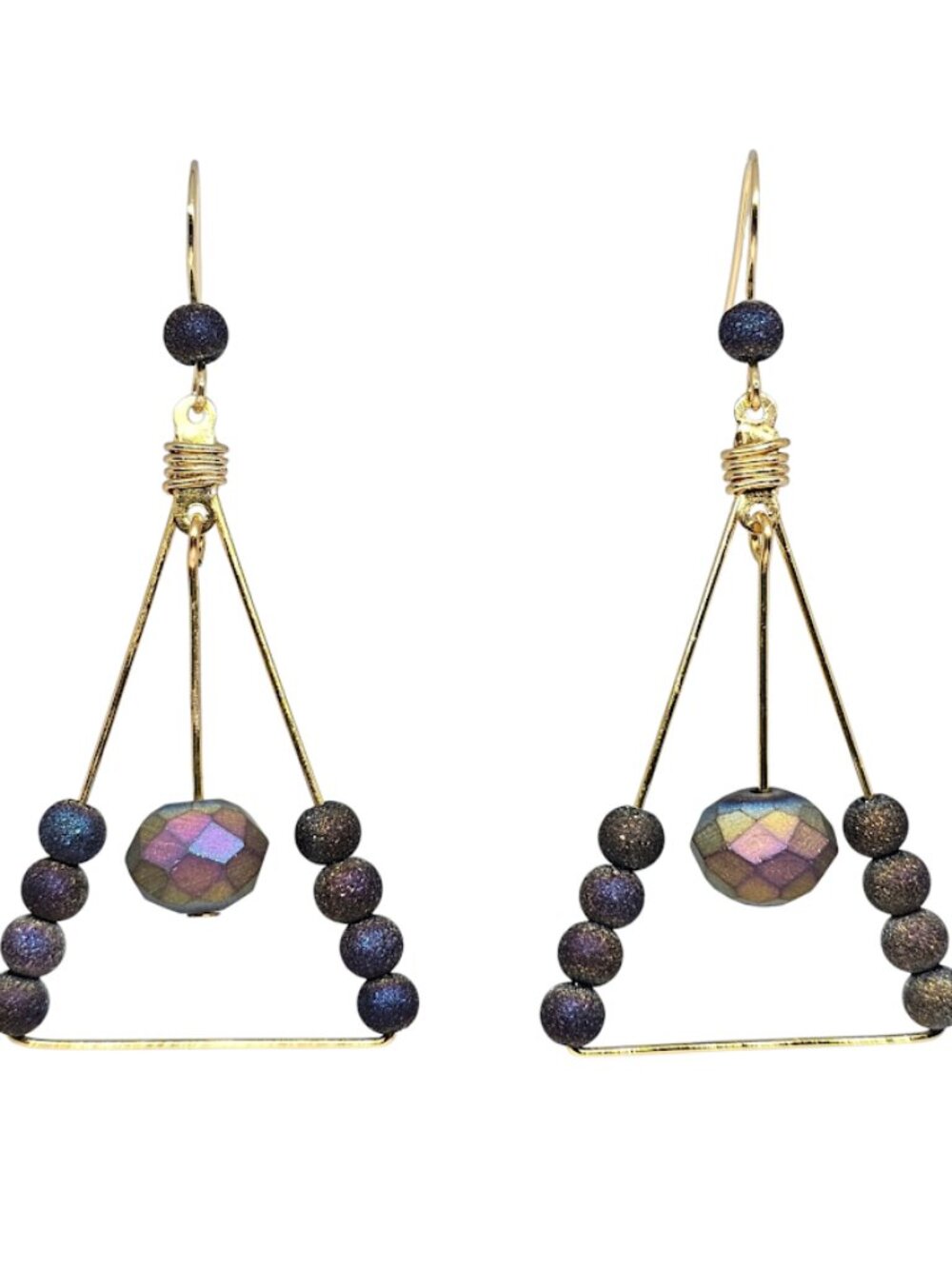 Handmade Peacock Iridescent Beaded Triangle Hoop Gold Boho Dangle Earrings